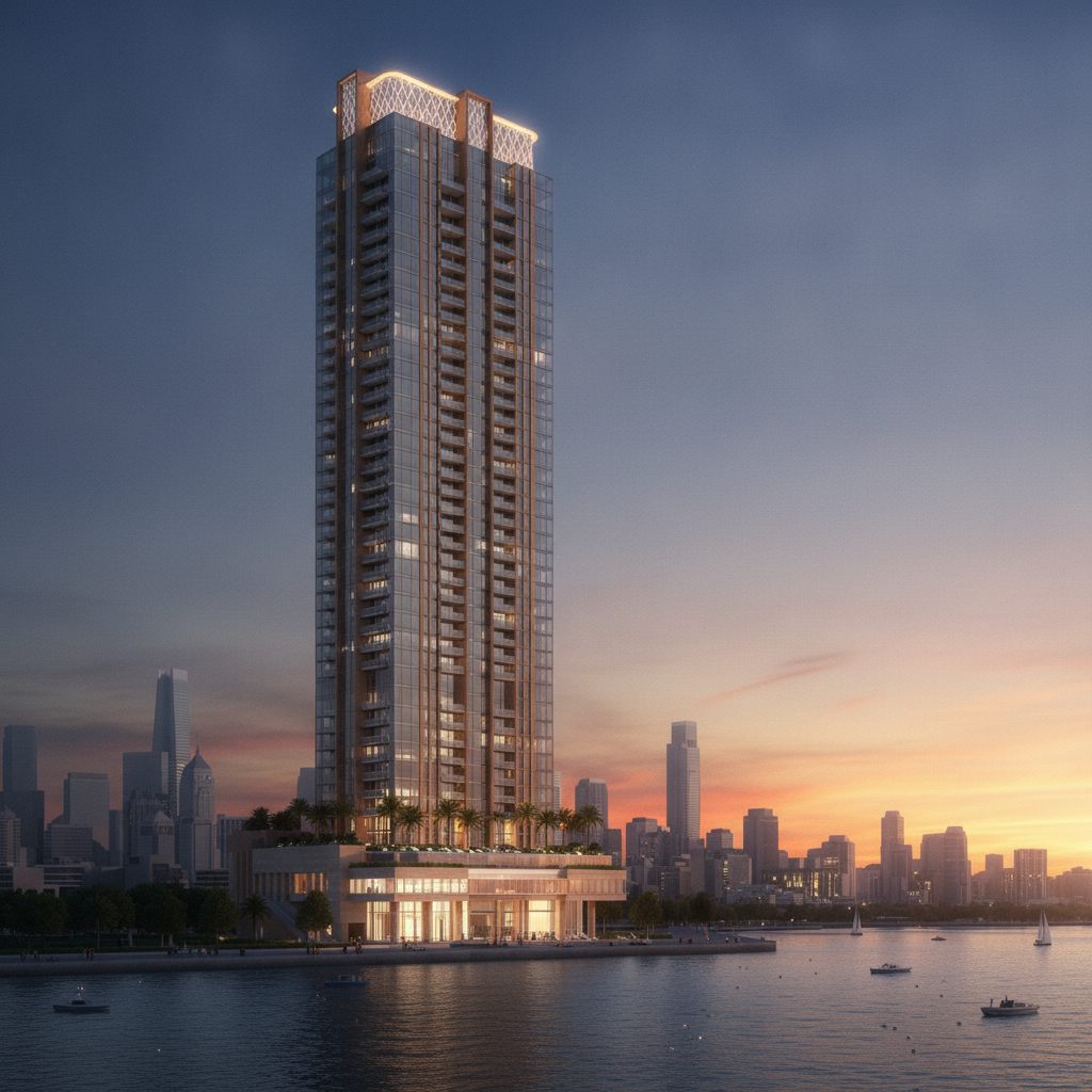 Harbor Point Residences at dusk across the harbor